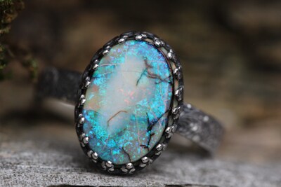 Opal Ring * Solid Sterling Silver Ring* Peacock Swirl Band * Monarch Opal *  Any Size - image2
